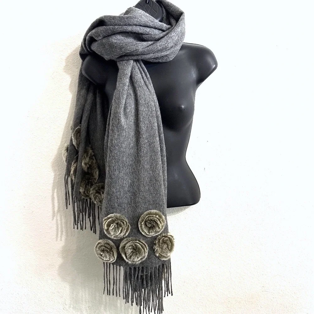 Chanel Scarf Gray Quiet Luxury Wool Floral Applique Fringe Old Money Mob Wife